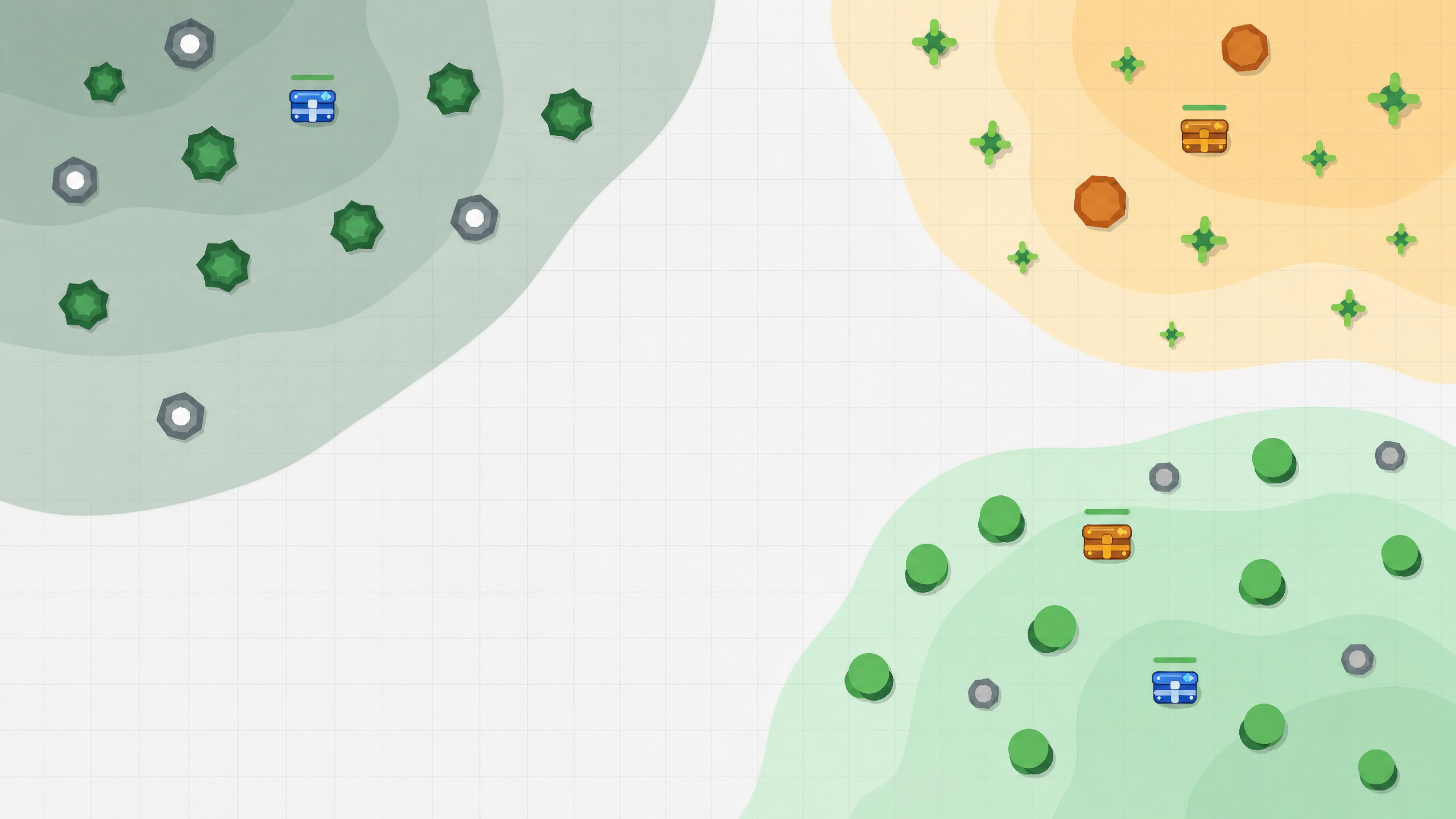 Hariboo Madness battlefield with forest, desert and rocky biomes