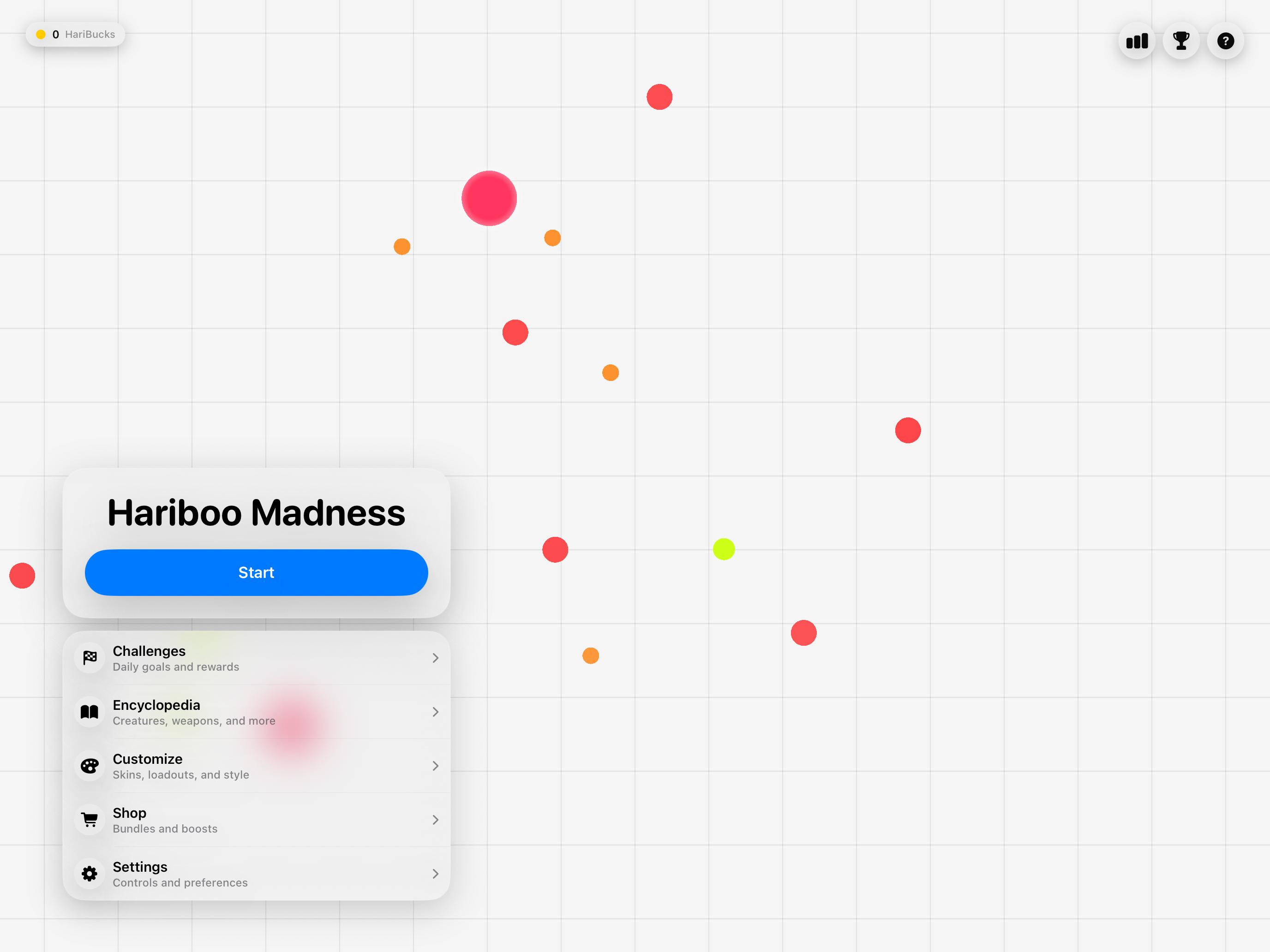 Hariboo Madness – main menu on iPad