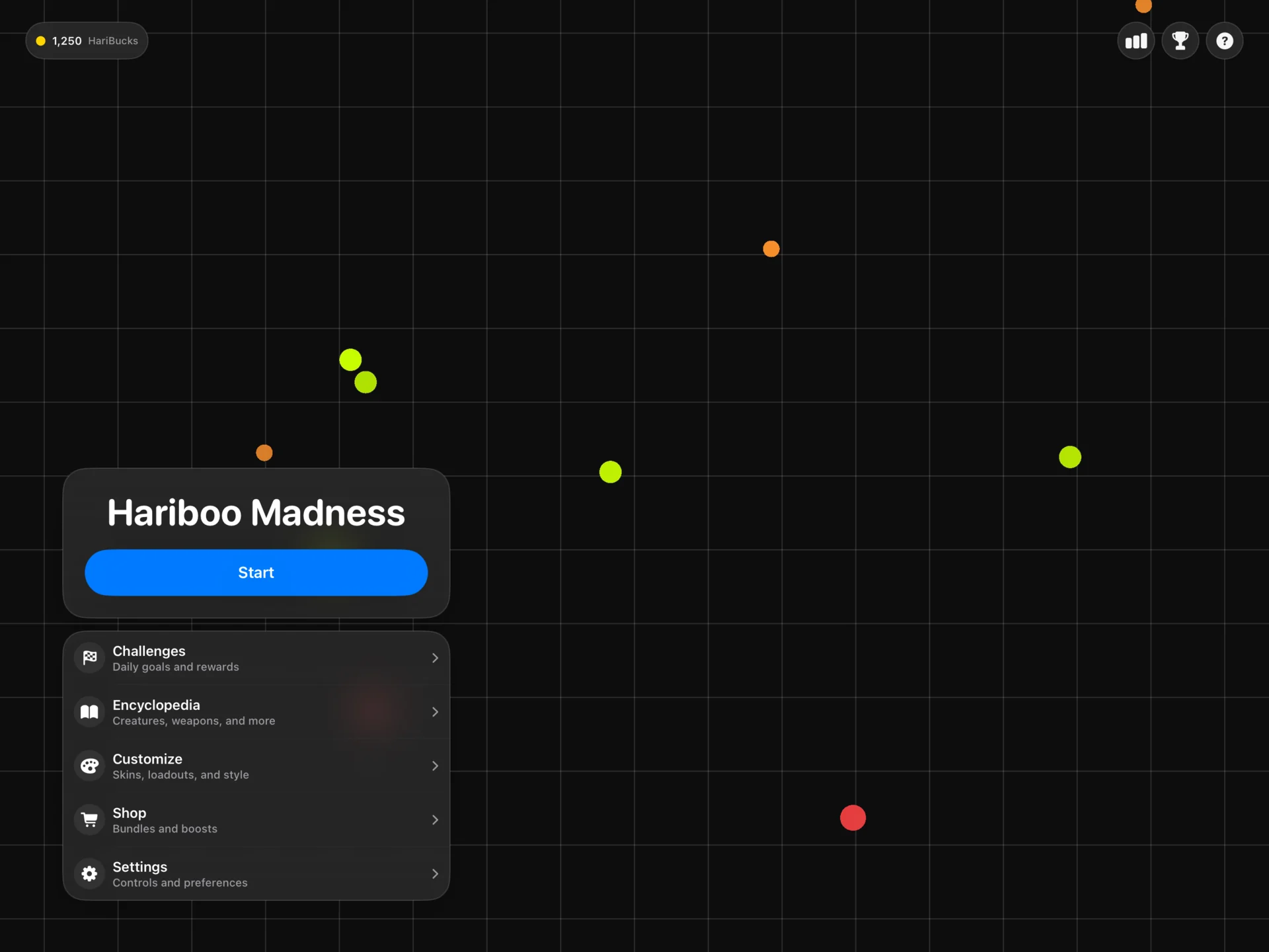 Hariboo Madness main menu in dark mode